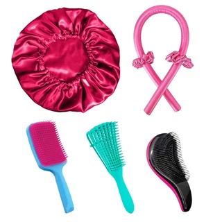 Kit de Cetim com Touca de Cetim Modelador para Cabelo Cacheado Xuxinhas e Escovas Polvo Magica e Raquete com PREÇO DE FÁBRICA