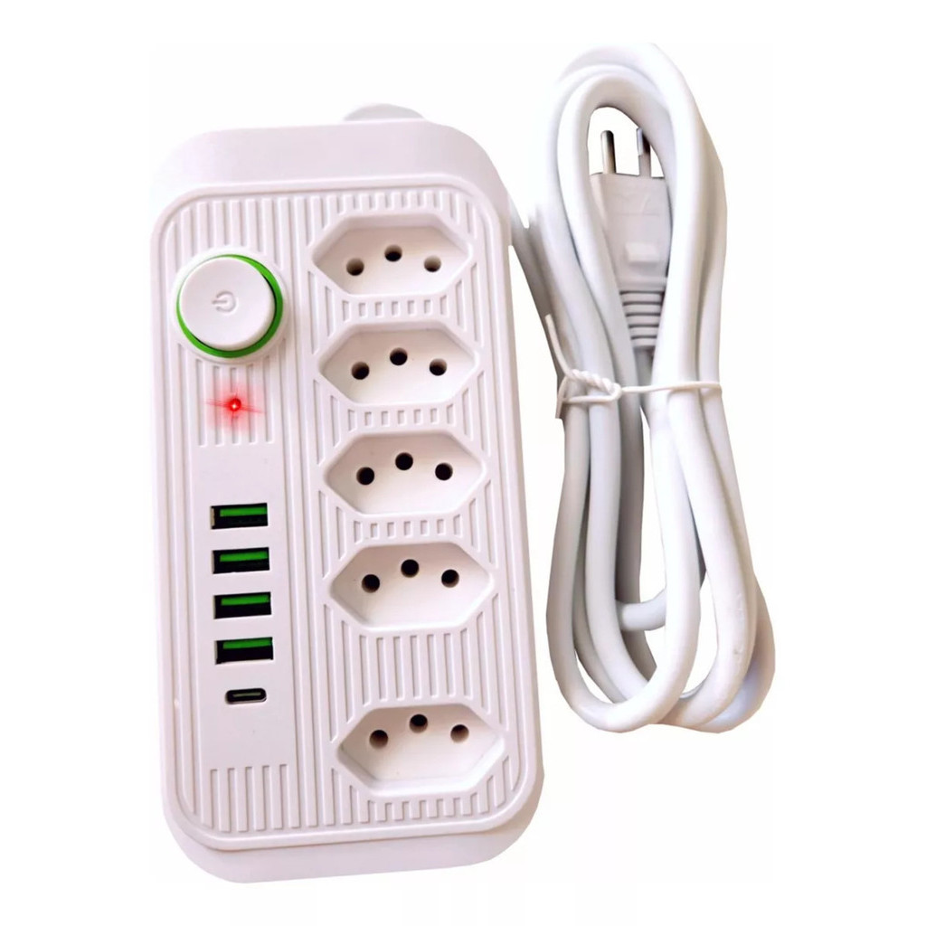 Filtro De Linha Extensão 5 Tomadas 4 Entradas Usb 1 Tipo C