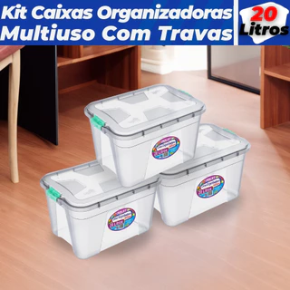 Kit C/ 3 Caixas Transparente Organizadoras 20 Litros Uninjet Multiuso Cesto Com Travas Armazenamento