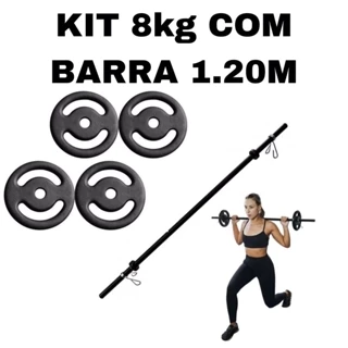 Kit Treino Musculação Aula Pump - Barra + 8Kg De Anilhas Pintada + Presilhas