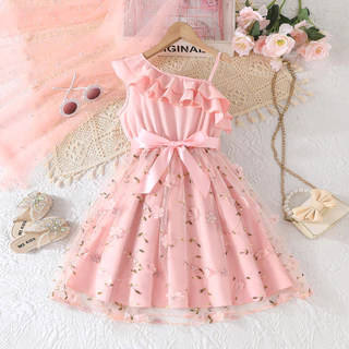 Vestido De Bebê Menina Crianças 8-12anos Moda Verão Sem Manga Ombro Vazado Babados Floral Bordado Tule Vestidos De Princesa Infantil