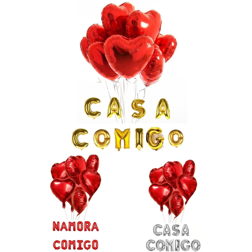 Balões Metalizado Letra Frase CASA COMIGO/NAMORA COMIGO+10un Coração-40CM