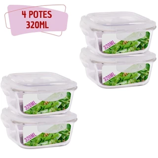 Kit 4 Potes Tampa Hermetica Quadrado de Vidro 320ml Alimento