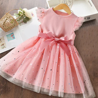Baby Girls Sweetly Flying Sleeve Dress Kids Mesh Layered Tulle Sequin Polka Dot Festa De Aniversário Bow-knot Princess Toddler Costumes