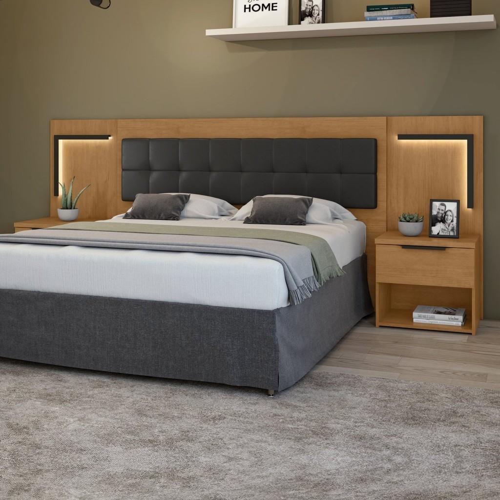 Cabeceira Casal / Queen 160cm 2 Mesas de Cabeceiras com Led Calitan ...