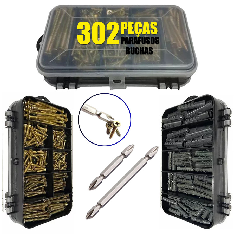 300 Parafusos e Buchas + Maleta Pequeno reparos construção