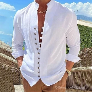 Camisa de manga comprida masculina, primavera e outono, 100% algodão, linho, venda quente, cor sólida, gola alta, estilo casual, tamanho grande