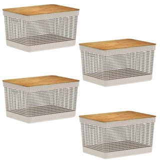4x Cesto 20L Organizador OU Grid Bege com Tampa de Bambu