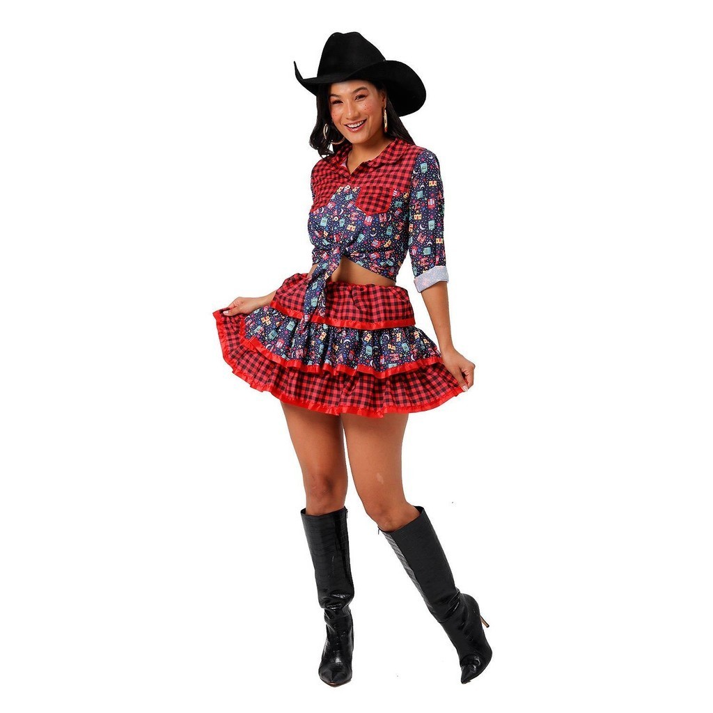 roupa country feminina luxo xadrez vermelho e azul camisa e saia de ...