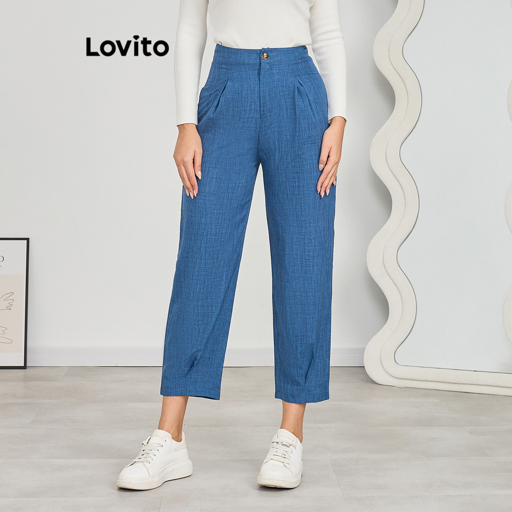 Lovito Calças casuais simples com botões plissados para mulheres LBL11366