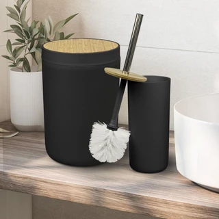 Kit Para Banheiro 2 peças com Lixeira e Escova Sanitária - Plástico e Bambu