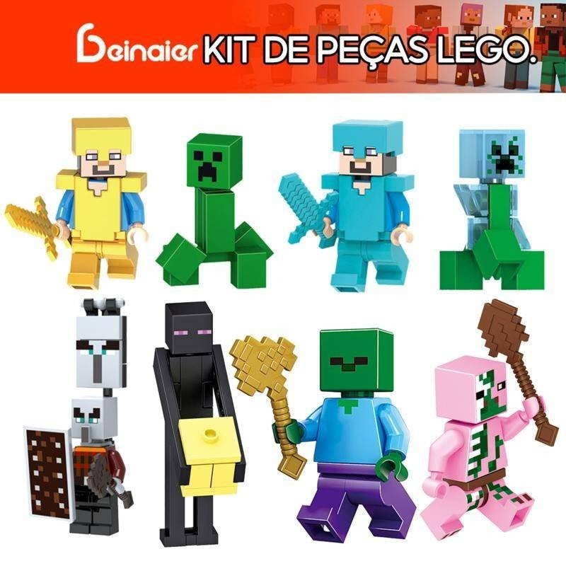 Kit 8 Mini blocos de construção de minifigura, boneca Minecraft ...