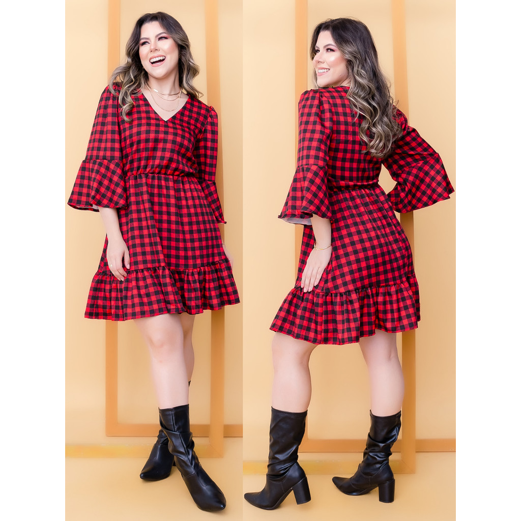 Vestido Curto Feminino Xadrez Manga Longa Elegante Festa Junina