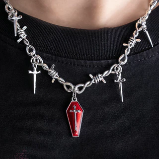 Gótico Vampiro Cruz Pingente De Caixão Vermelho Colares Para Homens Y2k Retro Espada Espinhos Jóias De Festa Em Cadeia