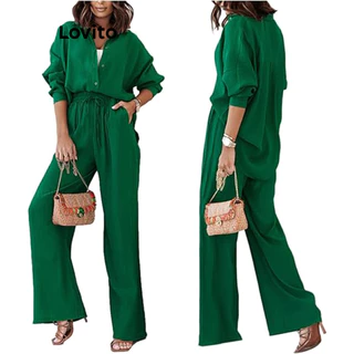 Lovito Conjuntos casuais femininos de calças com bolso liso e bolso com cordões LNL55239