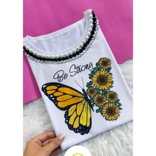 Camiseta Feminina Tshirt Plus Size Cor Branca Com Pérolas Tamanho XG 48/50 Elegante Maravilhosa