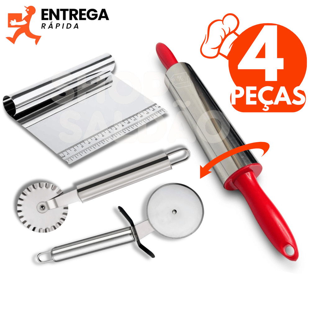 Kit 4 Peças Rolo de Abrir Massa Espátula Cortadora Raspadora