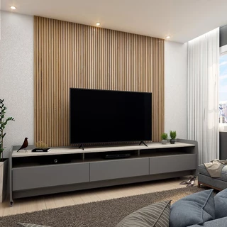 Rack para TV até 90 Polegadas com Rodízios 3 Gavetas 3 Nichos Sublime 220cm 100% MDF Cinza/Off White