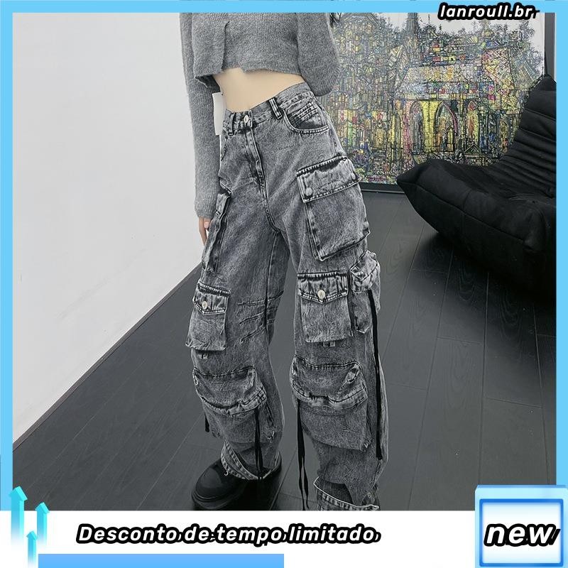 wellbeings.br Women Calças Carga Perna Larga Baggy Jeans Harajuku Grunge Com