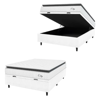 Cama Box Baú Colchão Casal Molas Ensacadas City Pillow Top 138x188x64cm Linho Branco / Preto Hellen - Suporta até 110kg por Pessoa