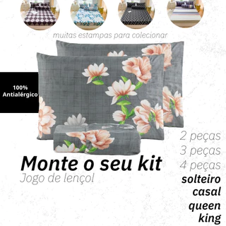 Jogo de Lençol Estampado - Monte seu Kit : 2 , 3 ou 4 Peças - Solteiro / Casal / Queen / King em Oferta na Shopee