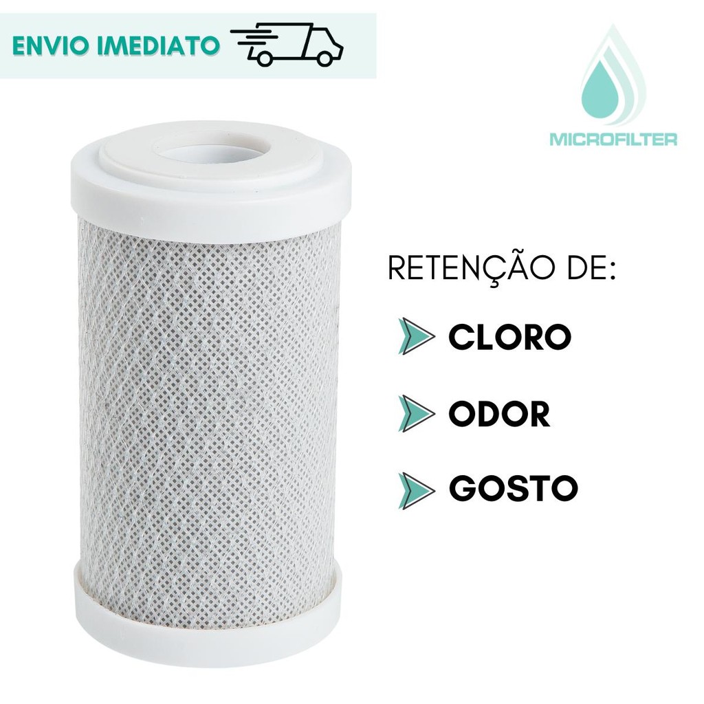 Refil Filtro Carbon Block 5" Cartucho Carvão Ativado 5" x 2 1/2" 5 Micra Tira Cloro e Odor da Água