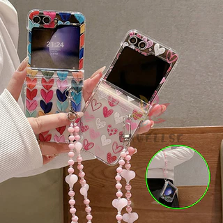 Moda 3D Loveheart Pattern Pulseira Padrão Samusng Galaxy Z Flip 5 4 Flipp 3 5G Transparente PC Rígido À Prova De Choque Capa Traseira Com Dobradiça Completa Flip5 Flip4
