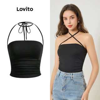 Lovito Regata casual lisa cruzada com babados para mulheres L83ED122