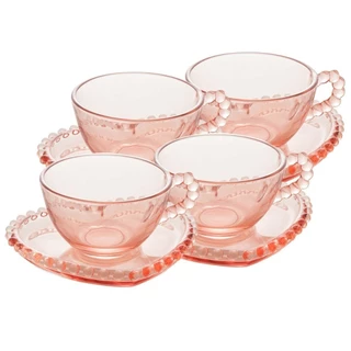 Kit Jogo 4 Xícaras 180ml Grandes de Chá Café Rosa com Píres de Coração em Cristal Wolff