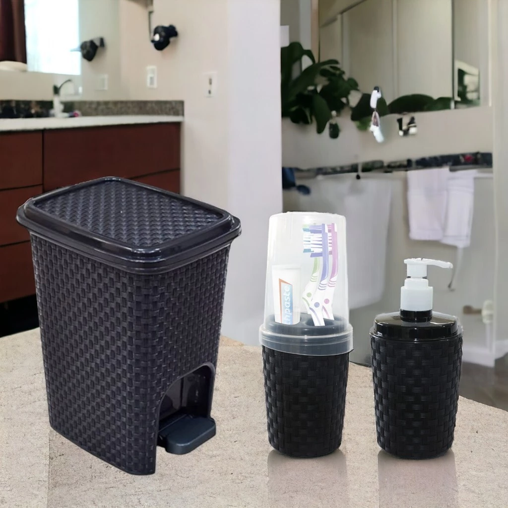 Kit Banheiro Lixeira Rattan 07 litros com Pedal Porta Detergente Porta Escovas CASA ELEGANTE