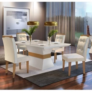 Conjunto Sala de Jantar Mesa 4 Cadeiras Luísa Espresso Móveis Veludo Creme/Off White/Imbuia