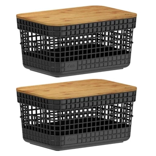 Kit 2 Cestos 2,5L Organizador OU Preto com Tampa de Bambu