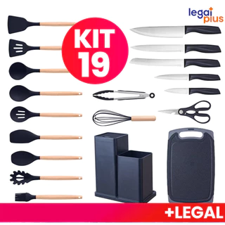 Kit Completo Jogo Utensílios de Cozinha Luxo 19 Peças Com Tábua em Silicone Espátula Faca Tesoura