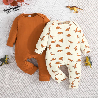 2 Peças Body Manga Longa Bebês Meninos Macacão Botão minúsculo De Desenho Animado Dinossauro Roupa Infantil Para Recém-Nascido 0-18Meses