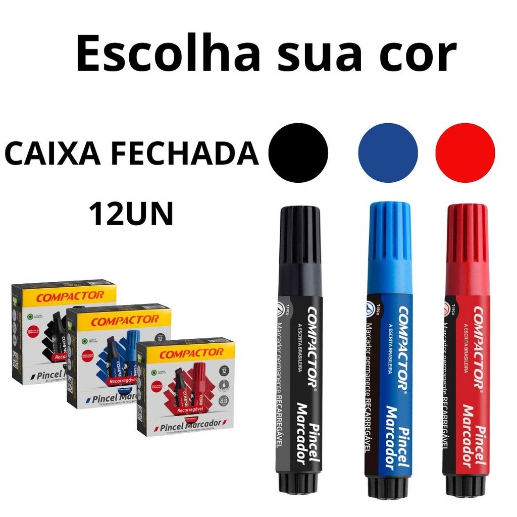 Pincel Marcador Permanente Recarregável Caixa com 12 Unidades