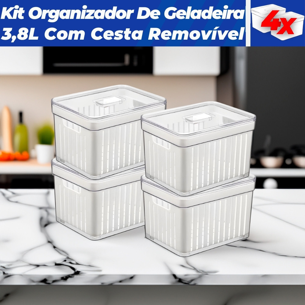 Kit 4 Organizador de Geladeira 3,8 Litros Cesto Com Tampa Multiuso Alimentos Verduras