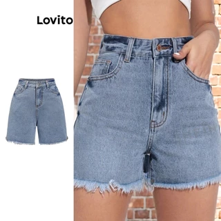 Lovito Shorts jeans casuais com botão liso e bainha crua para mulheres L87ED296