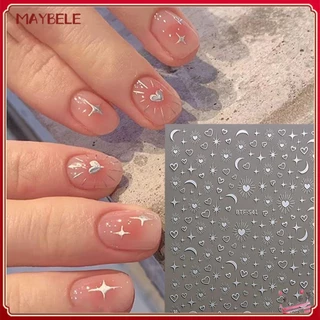 Nail Art Stamping 3d Silver Nail Sticker Coração Estrelas e Lua Padrão Geométrico Adesivos Decoração de unhas Ferramenta de manicure para loja de unhas 4 designs MAYBELE