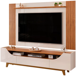 Rack Para Sala com Painel Para TV 75 Pol Ripado Hórus D05 Off White Freijó - Lyam Decor