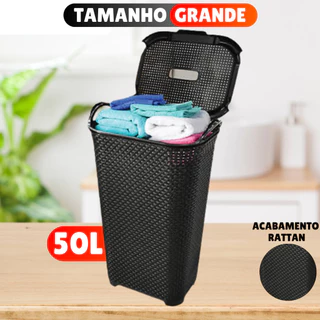 Cesto Para Roupa Suja Retangular 50 Litros Rattan Com Tampa Multiuso Flexível Organizador Brinquedos Lavanderia Quarto
