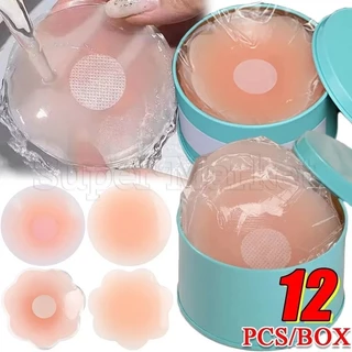 12Pcs Capa De Mamilo De Silicone Com Caixa-Pasta Invisível Para Peito-Sutiã-Capas Sem Alças-Almofadas De Soutien Reutilizáveis-Acessórios