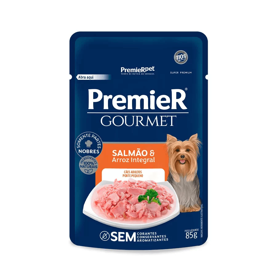 Imagem do produto Kit 10un. Ração Úmida Premier Gourmet Sachê Cães Adultos Raças Pequenas Salmão e Arroz Integral 85g no catálogo Master Pet