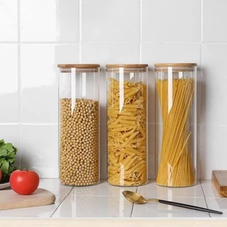 Pote De Vidro Redondo Porta Mantimentos/ Condimentos Com Tampa De Bambu Hermética de 400ml
