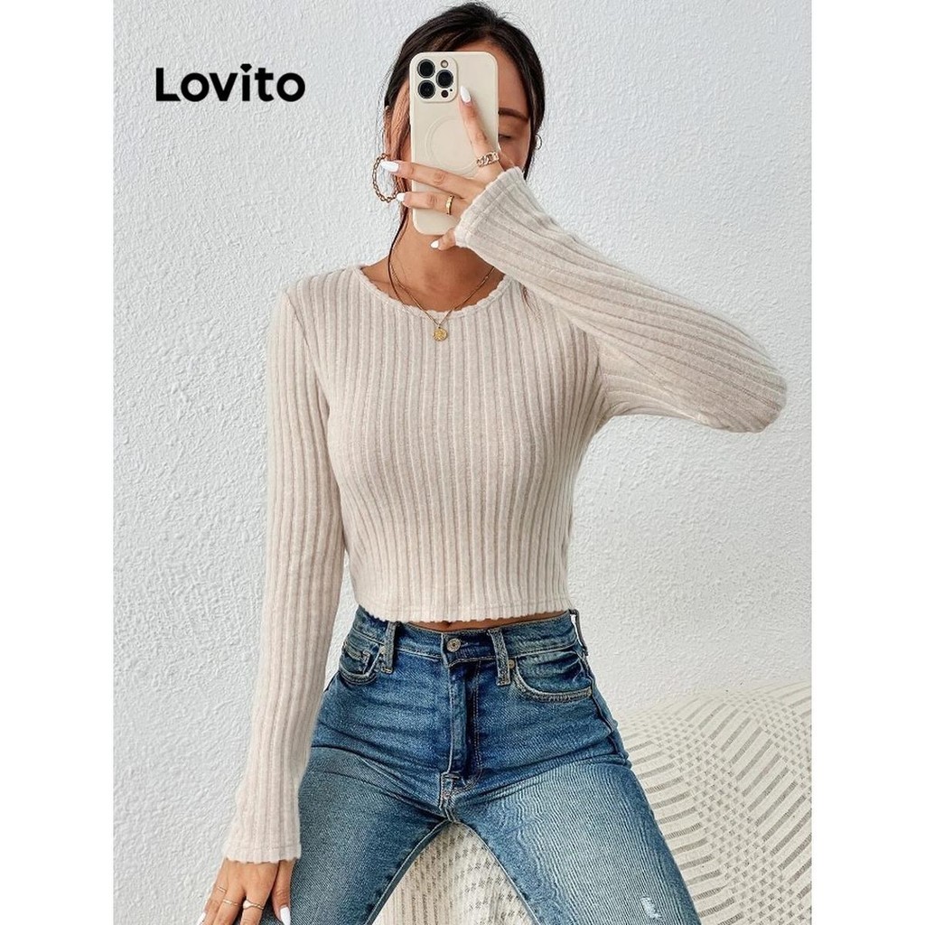Lovito Camiseta básica lisa casual para mulheres LNL56076