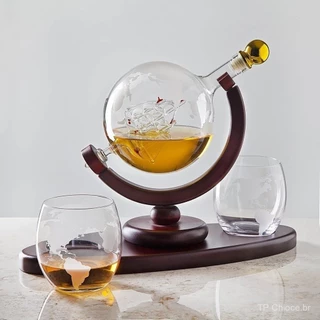 Conjunto De Vidro Whiskey Decanter Globo/Copo De Vinho/Caveira Whisky/Carafe Com Suporte De Madeira Fina