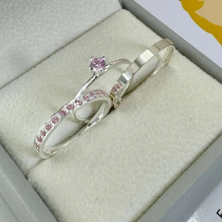 Alianças de Namoro e Compromisso em Prata950 filheira 10 pedras rosa 2mm Fina e Anel Solitário rosa