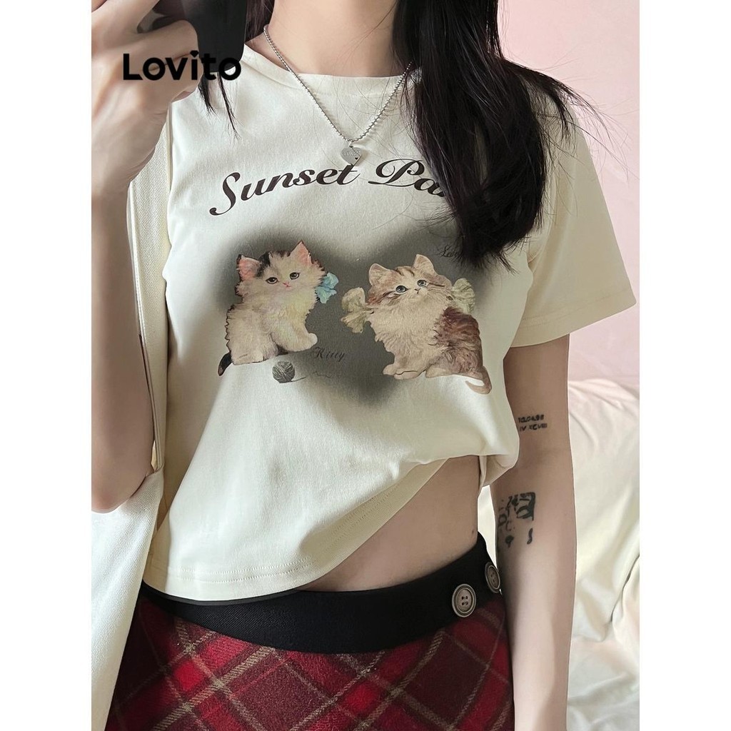 Lovito Camiseta feminina casual com padrão de desenho animado LNA53078