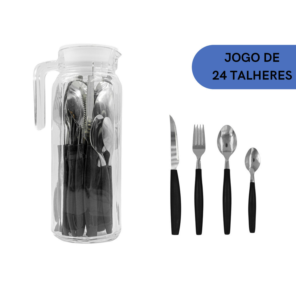 Jogo de talher 24 peças inox jarra 1 litro vidro conjunto faqueiro