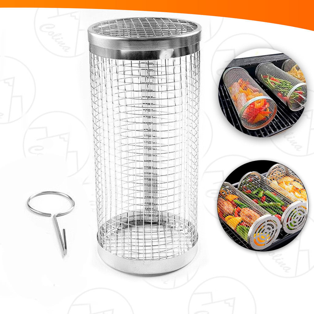 Grelha Churrasco Vegetais Legumes Cesto Cilindro Em Aço Inox