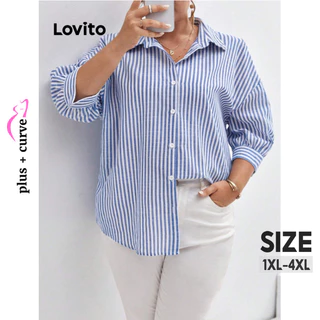 Lovito Blusa feminina plus size curva elegante listrada com botão frontal LBL12374